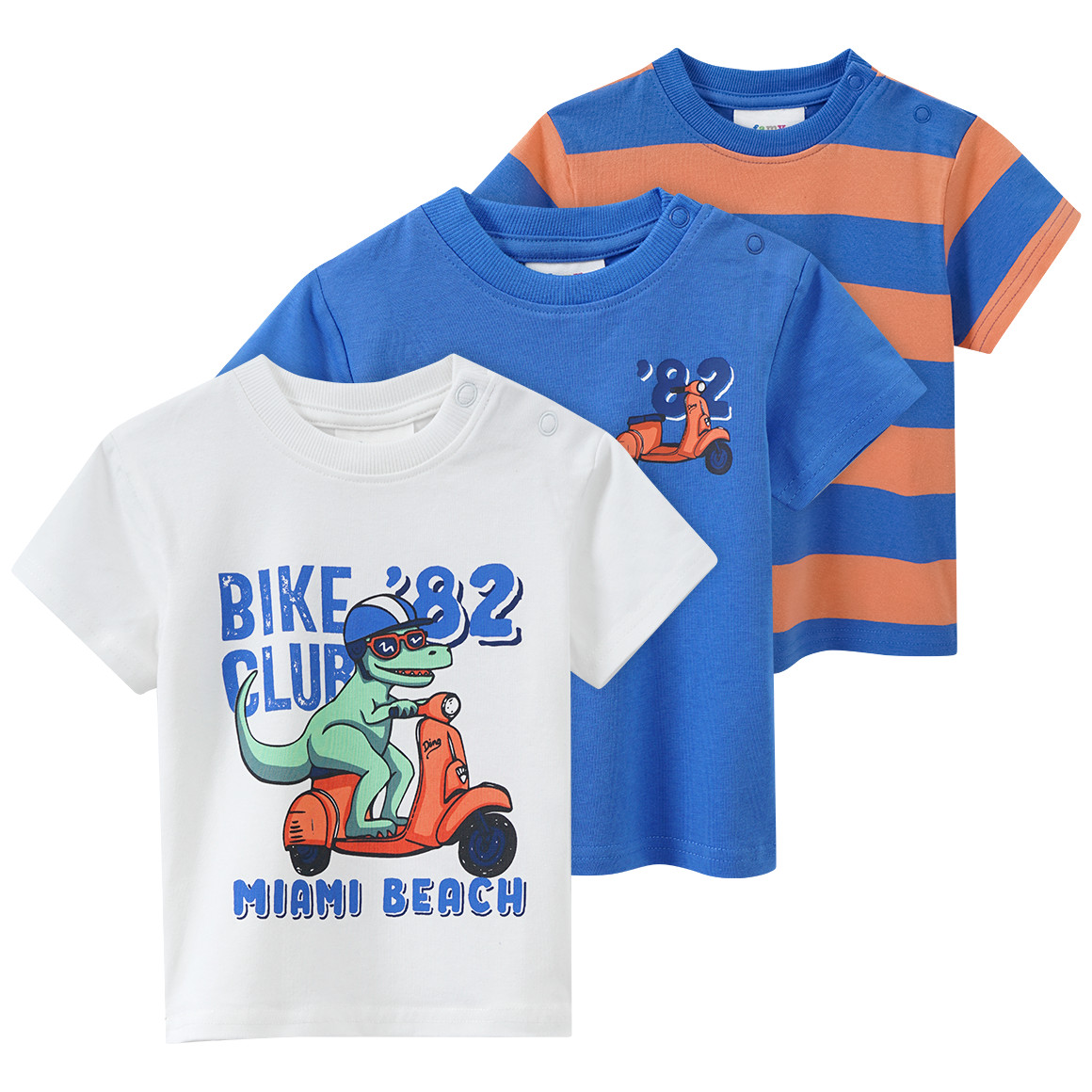 Famy 3 Baby T-Shirts in verschiedenen Dessins weiss / blau / orange