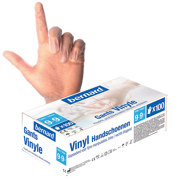 Gants jetables vinyle poudrés Premium Bernard taille 9, boîte de 100