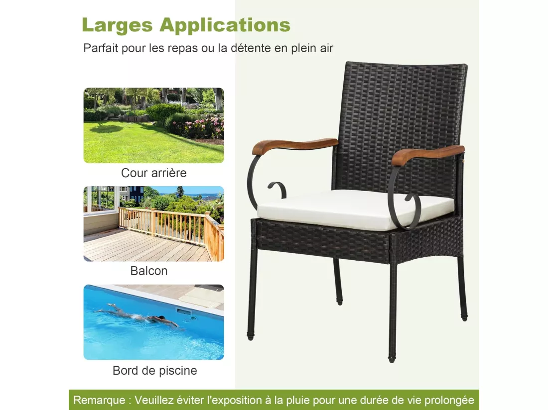 Fauteuil de Jardin Lot de 2 avec Coussins, Chaise Exterieur en Rotin et fibre naturelle PE avec Accoudoirs en Bois, Hauteur d'Assise 40 cm