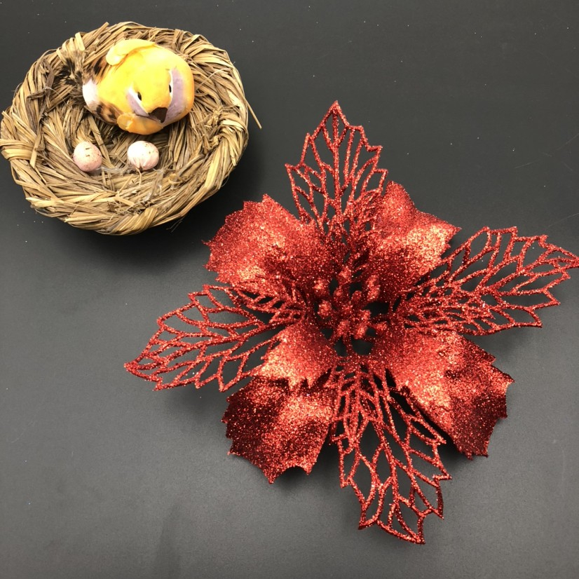 (10er Set) Christbaum Schmuck Glitzer Blumen Deko Ornamente - Rot