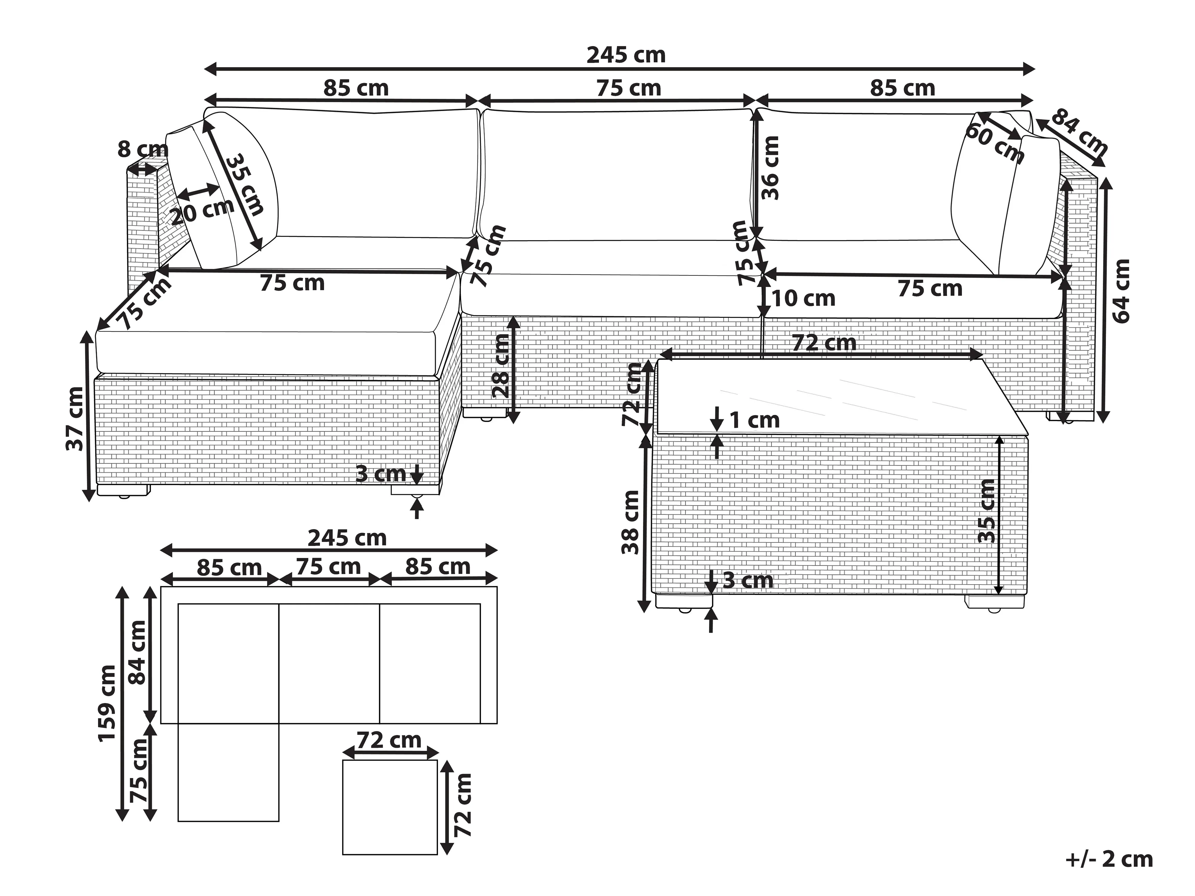 Tuin hoekloungeset met tafel 4-zits SANO II rechtszijdig modulair PE rotan Lichtgrijs