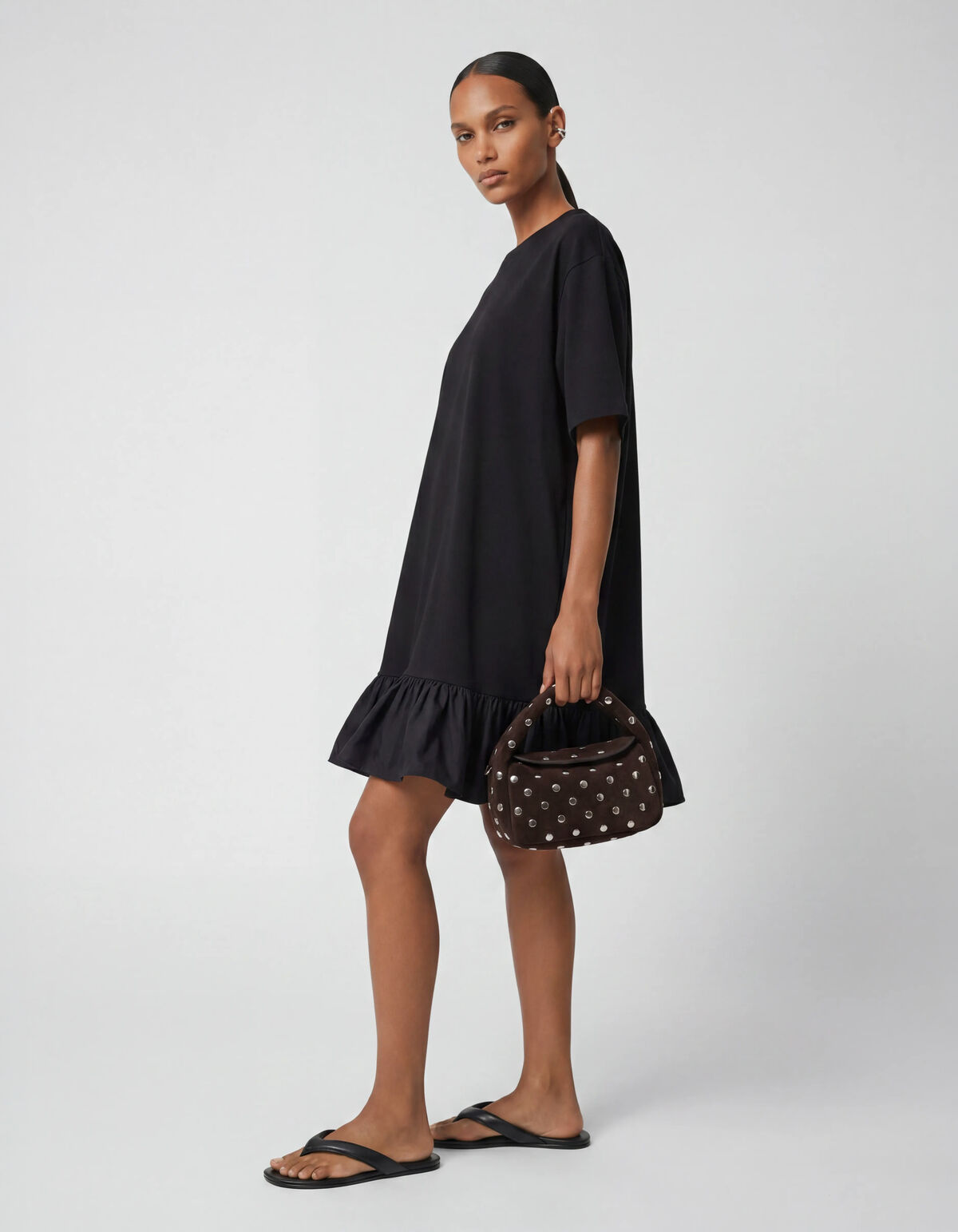 Ruffle T-shirt Mini Jurk Zwart