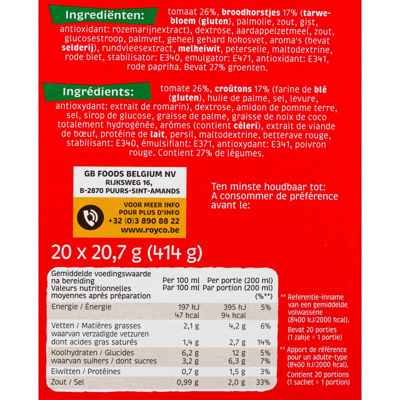 Soupe Royco Crunchy Suprême de tomates - Boîte de 20 sachets