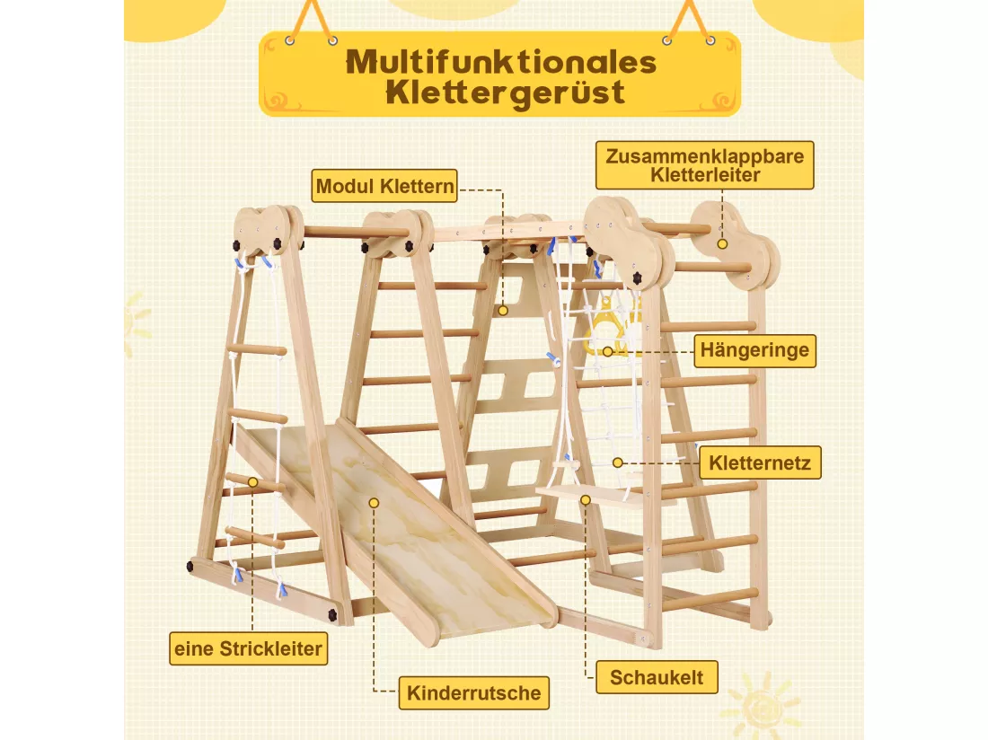 Balançoire Enfants pliable 7 en 1 - 128 x 164 x 116cm - en matériel bois - avec toboggan et escalade - Naturel