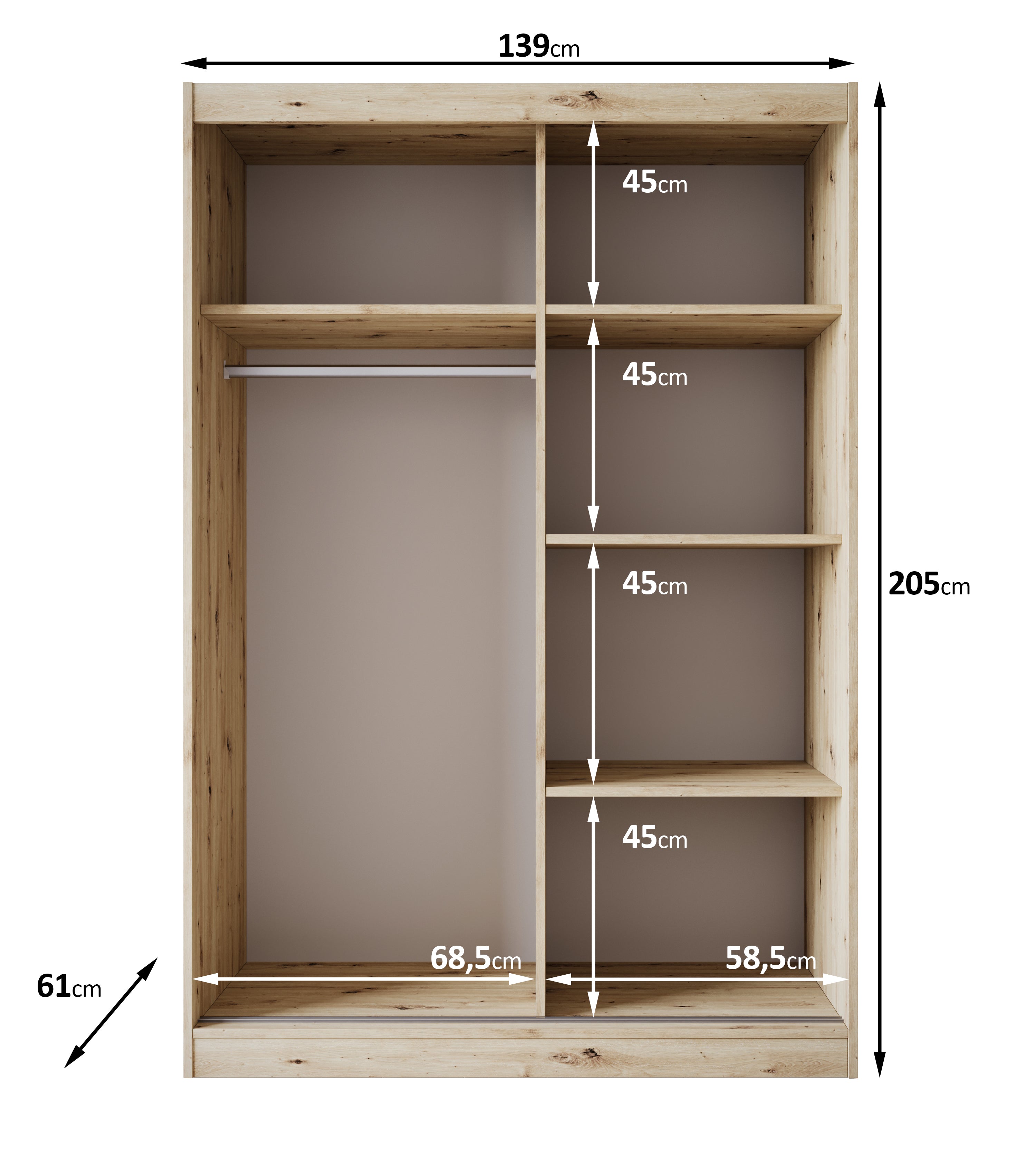Olly - Kledingkast met schuifdeuren - Eiken - 139x61x205 cm