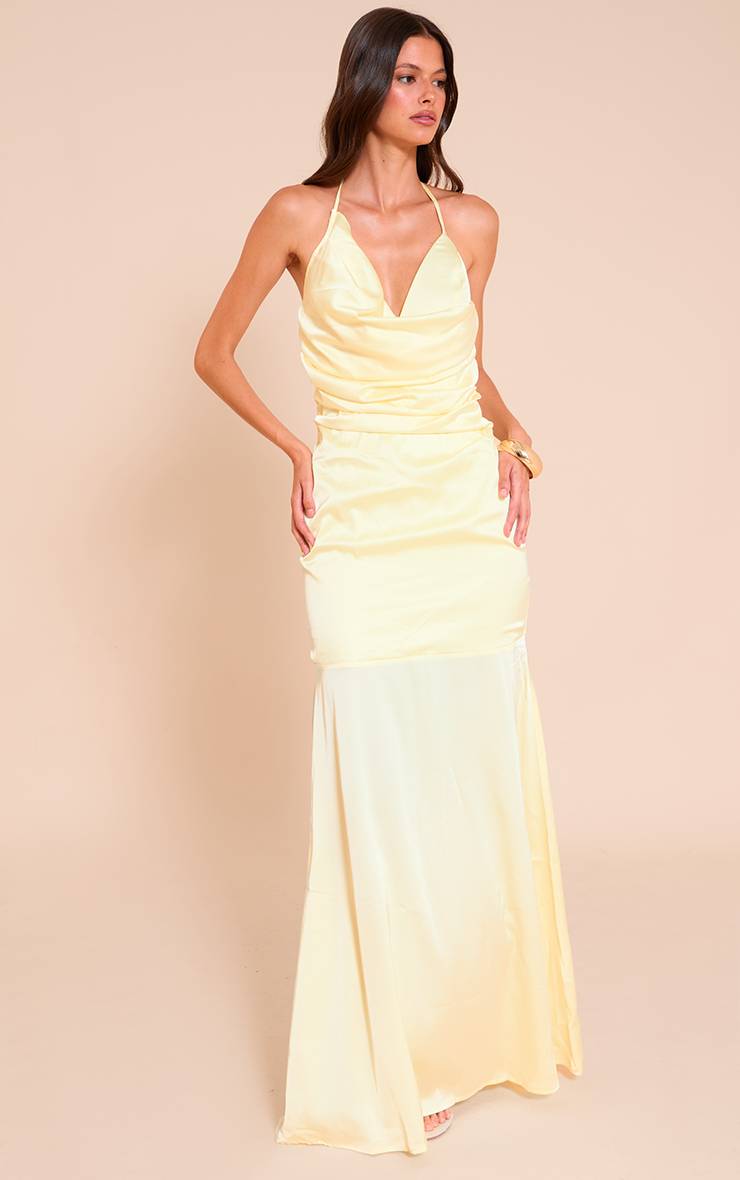 Citron Robe Longue Drapée Asymétrique En Satin