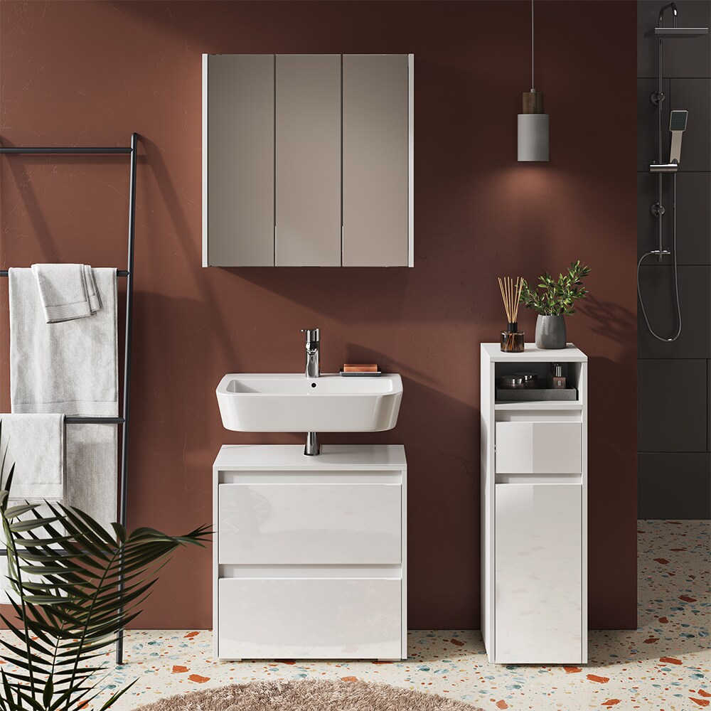 Vicco Badmöbel-Set Badezimmer-Möbel Bad-Schrank Majest Weiß Hochglanz modern Badezimmerschrank Waschbeckenunterschrank Spiegelschrank Midischrank Schranktür Schrankfach Schrankschublade