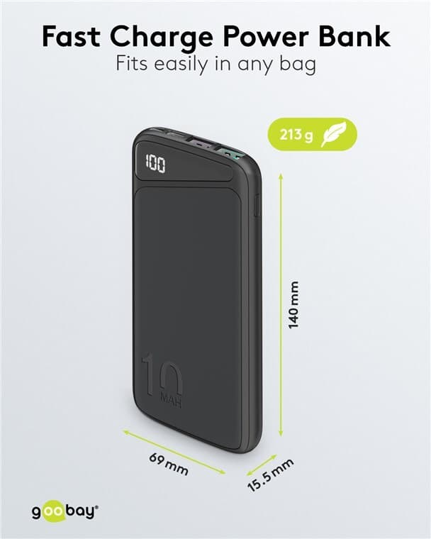 Goobay Hurtig opladning Powerbank 10.000 mAh (USB-C™ PD, QC 3.0)