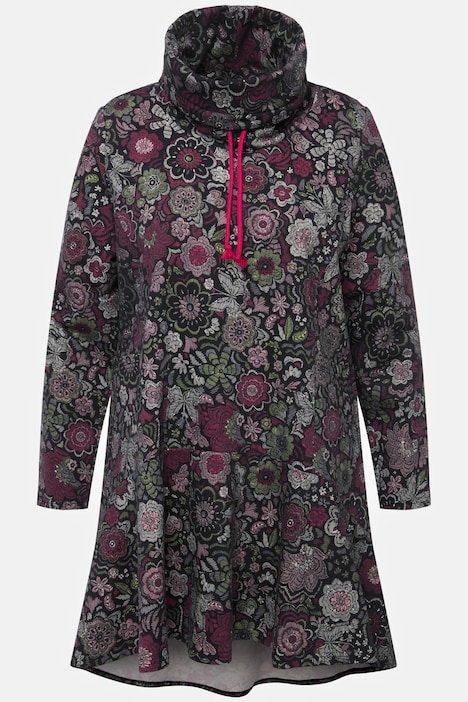 Long-Sweater, Blüten, A-Linie, Stehkragen, Langarm