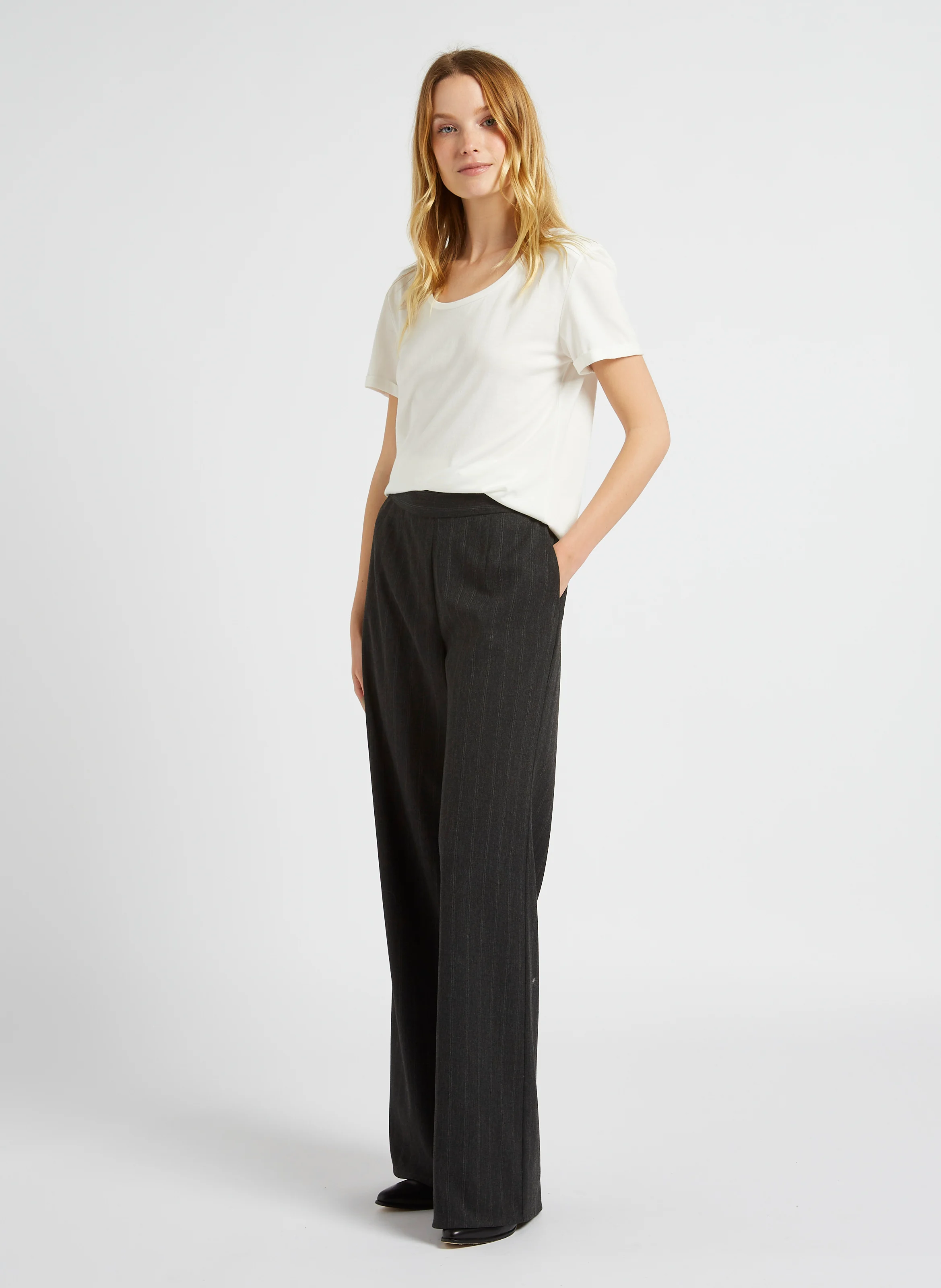 PETRO - Pantalon large rayé taille haute| Gris