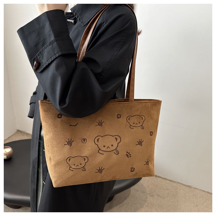 Kleevelind - Tote Bag van imitatiesuède met beerborduursel