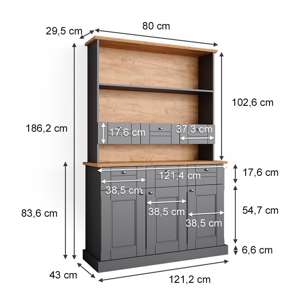 Vicco Küchenvitrine Sideboard Küchenregal Bergamo Grau Eiche Küchen Schrank 121x87 cm Vintage Ablage Schublade Schranktür Anrichte Küchenmöbel