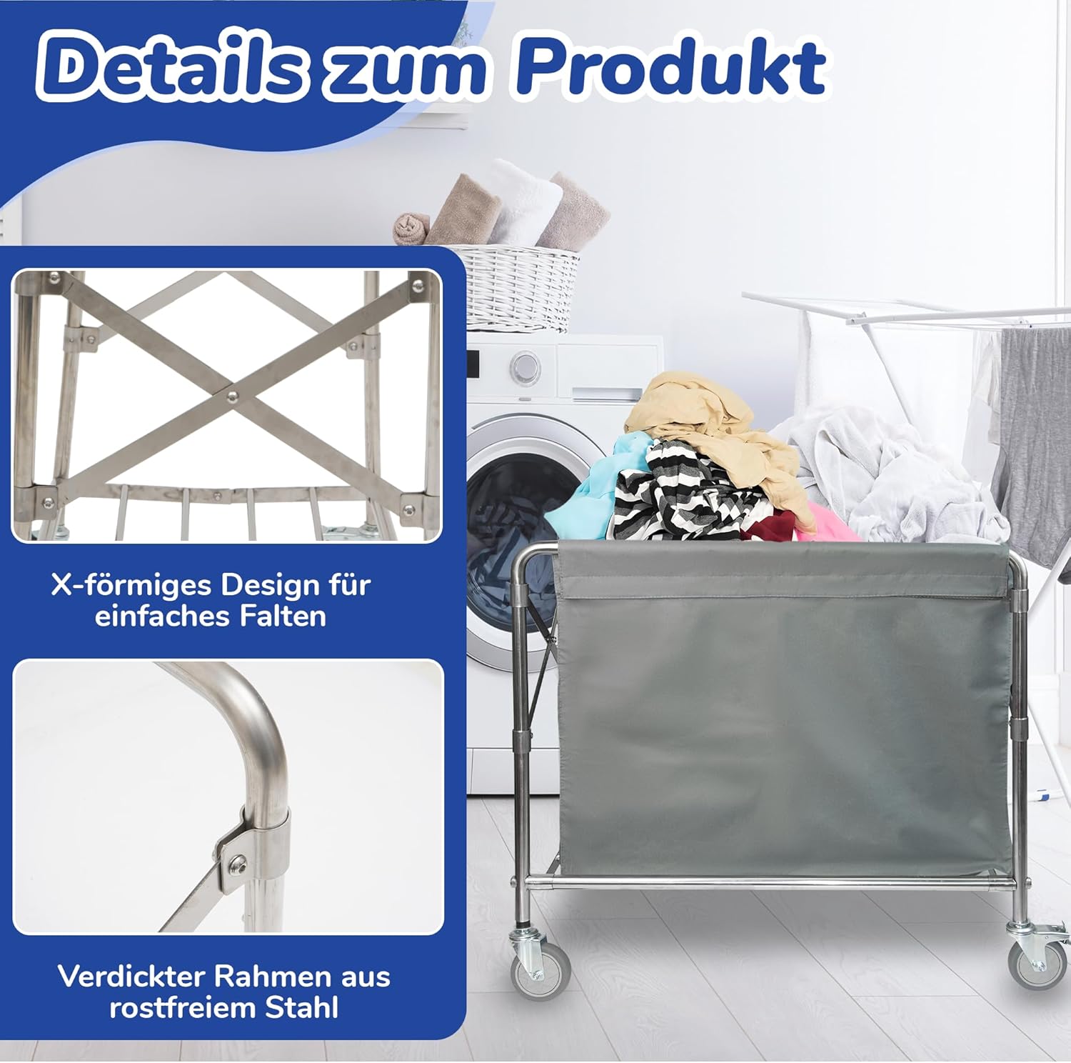bimiti Wäschewagen Edelstahl Wäschesortierwagen Kommerzieller Wäschesortier mit Rollen Klappbar Wäschekorbwagen Wäschewagen mit 100kg Tragkraft für Home Hotel Wäschekammer, 87 x 52 x 78 cm