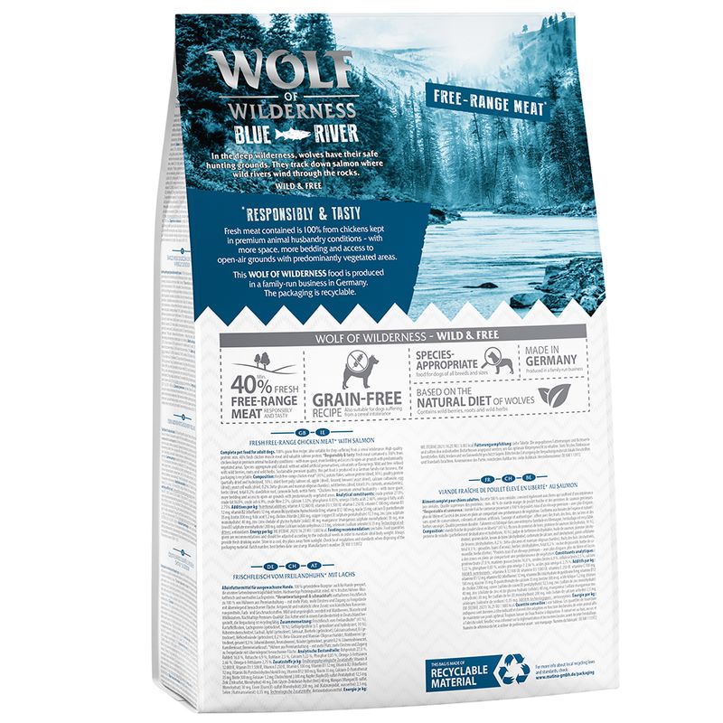 Wolf of Wilderness Adult Blue River poulet élevé en liberté, saumon