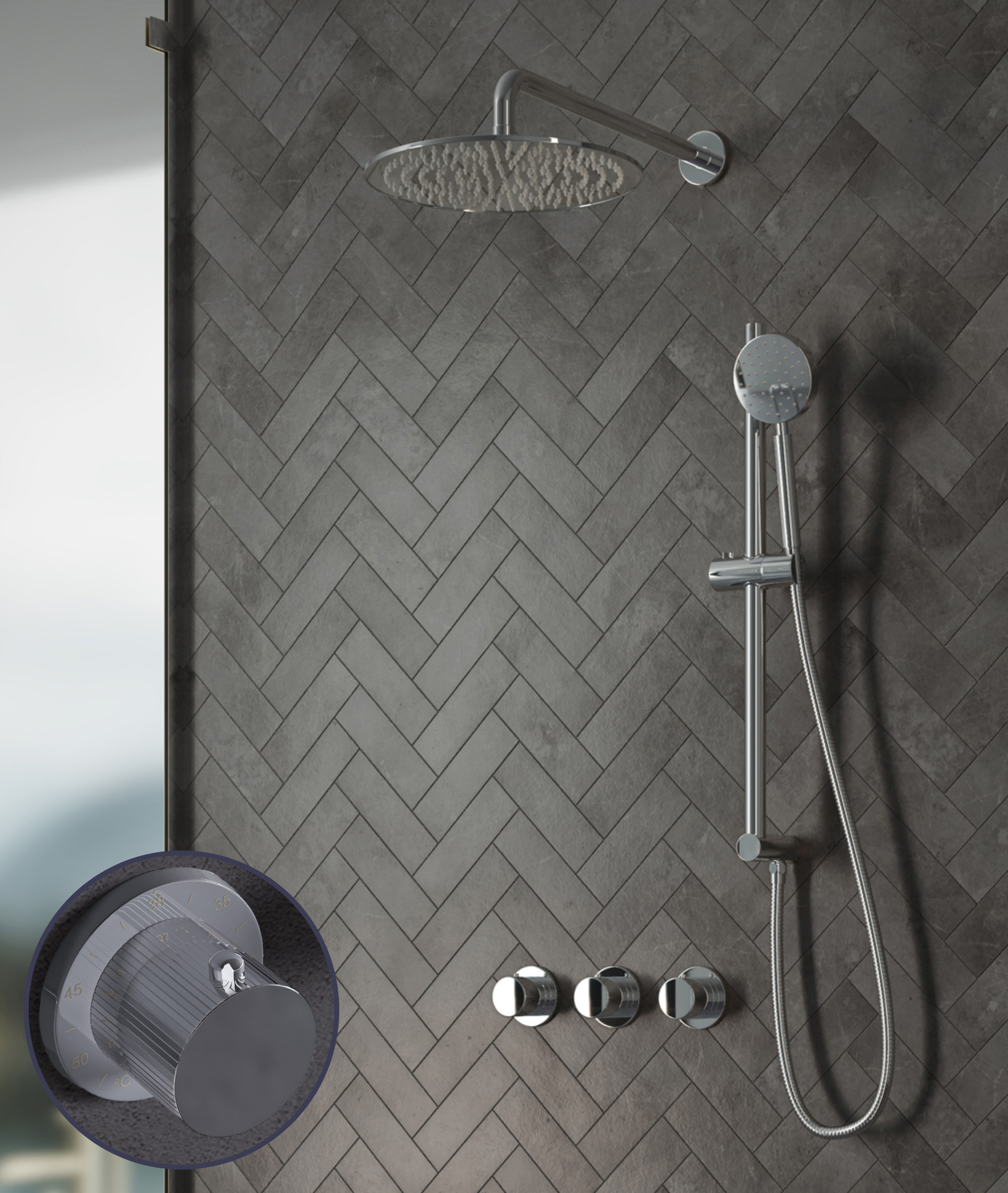 Saniclear Plus Stripes inbouw regendouche met 30cm hoofddouche, muurarm en glijstang chroom