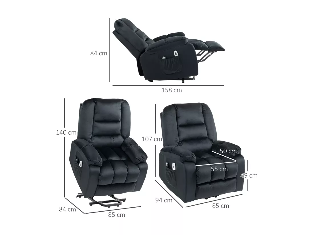 Fauteuil de massage releveur - 8 points de massage, fonction chauffante - 2 télécommandes - velours noir
