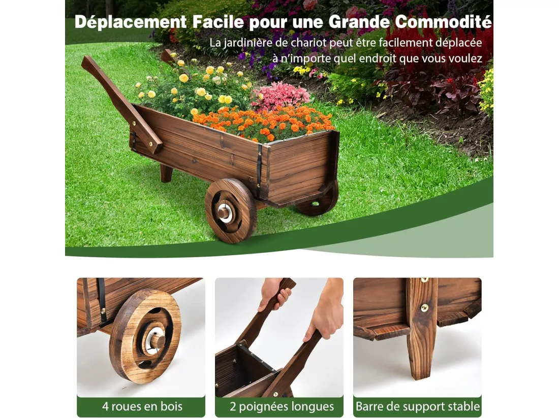 Brouette à Fleurs Jardinière en Bois de SaBois Carbonisé à Roues, Jardinière de Jardin avec Poignée et Trou de Drainage Charge 20KG, pour Patio Jardin Cour, 81 x 40 x 38,5 cm