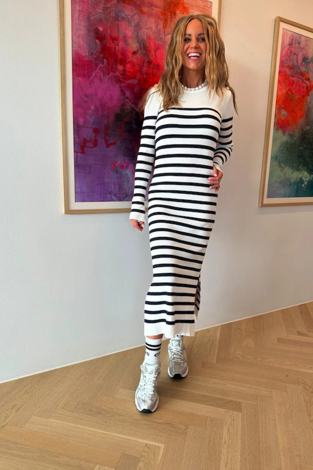 Valentin Studio Gold Button Knit Long Dress navy stripes juni