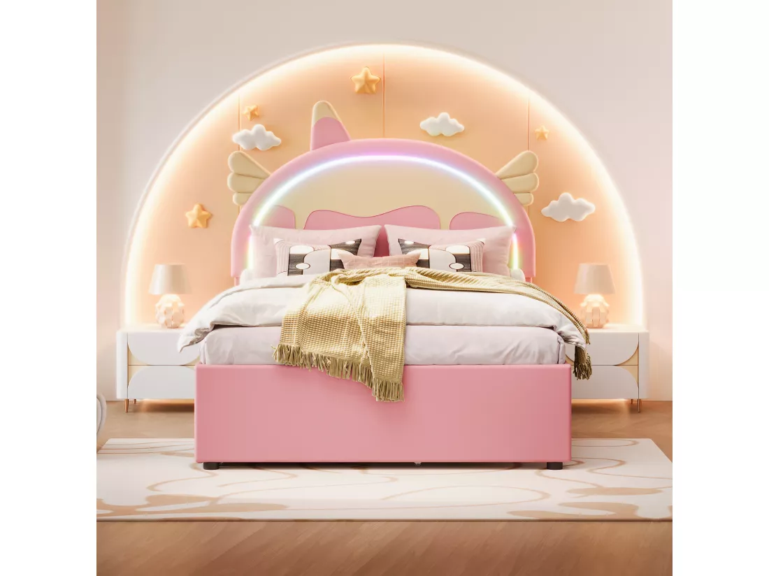 Lit gigogne 140 x 200 cm + 90 x 190 cm avec 3 tiroirs - Tête de lit en forme licorne - Similicuir - Rose