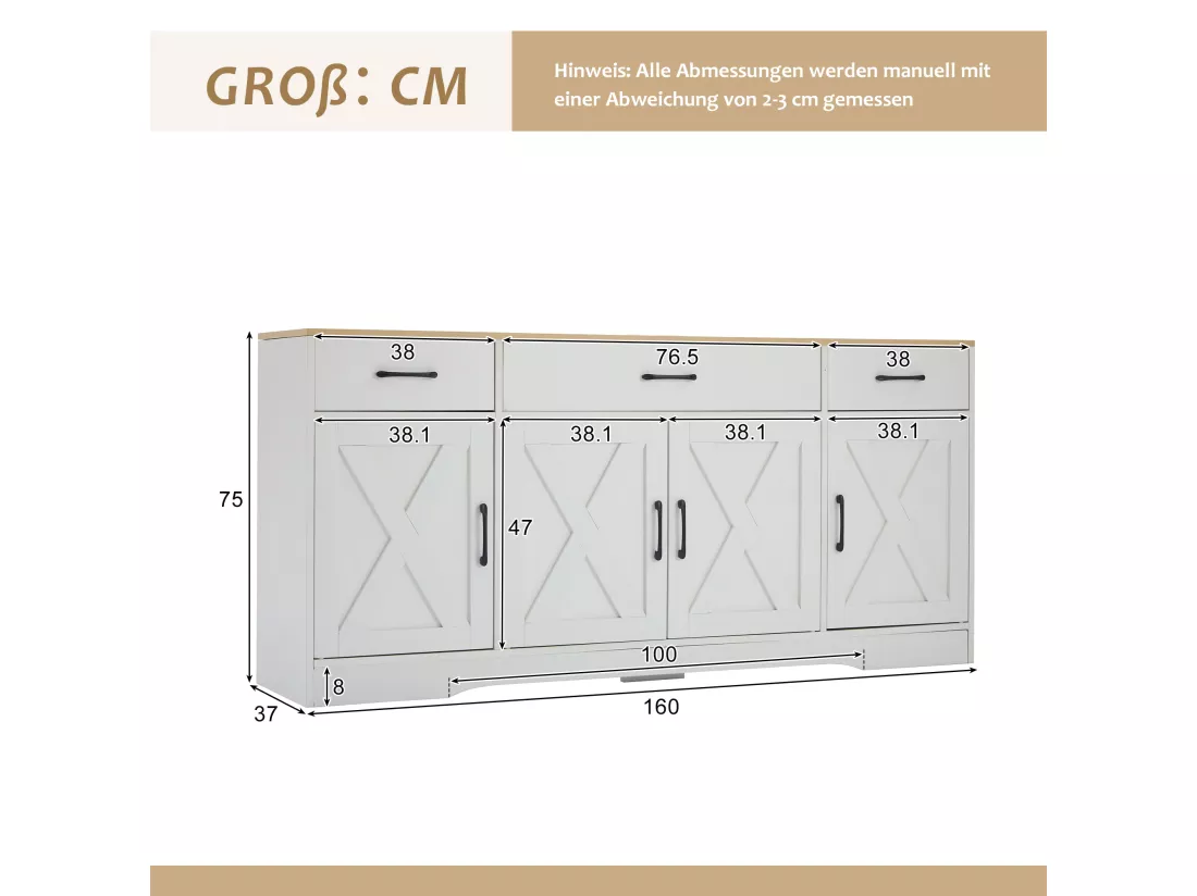 Buffet moderne avec 4 portes et 3 tiroirs - 160 x 37 x 75 cm - Bois MDF - Etagères réglables - Blanc et bois
