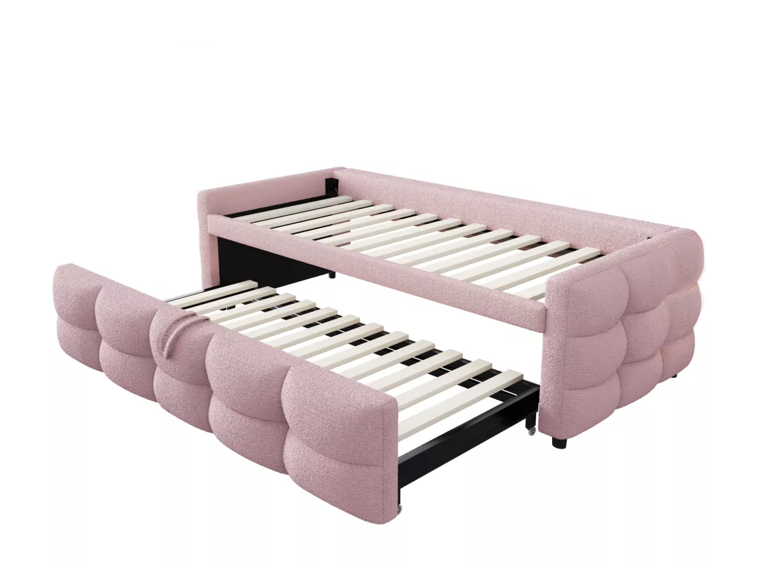 Lit gigogne 90/180x190 cm en velours - avec sommier à lattes - Rose