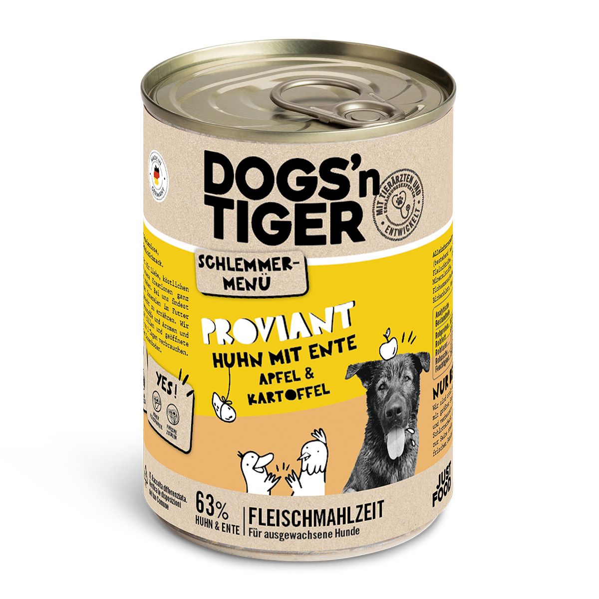 Dogs’n Tiger Adult Hundefutter, Proviant, Nassfutter, Getreidefrei, Huhn, Ente, Apfel & Kartoffel