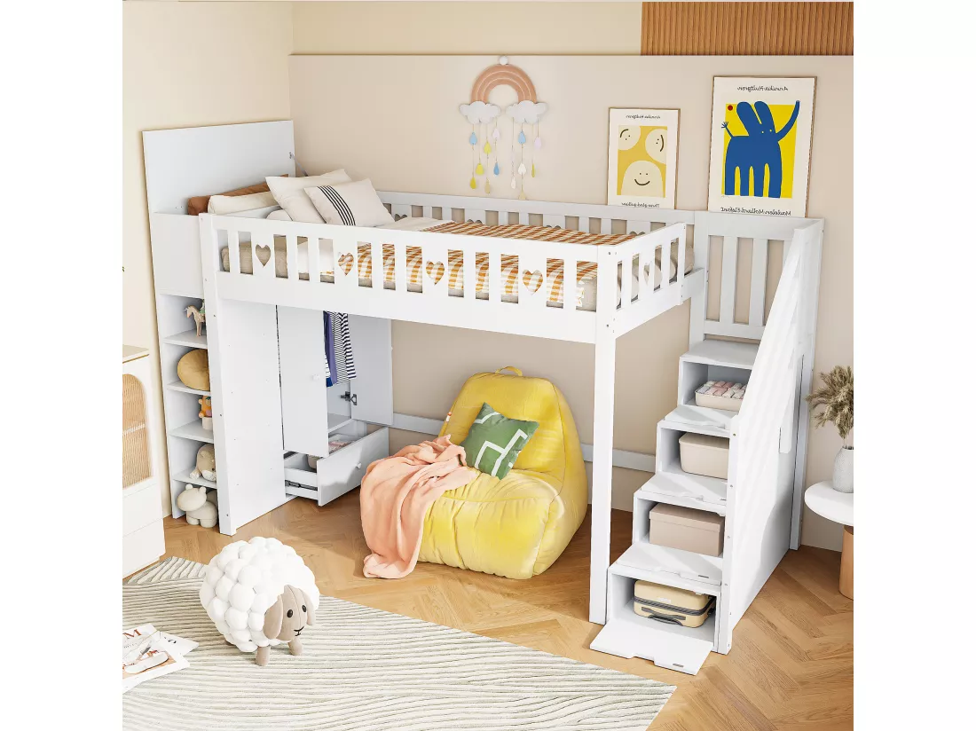 Lit mezzanine 90 x 200 cm avec armoire, étagères de rangement et tiroirs - Pin + MDF - Blanc (sans matelas)