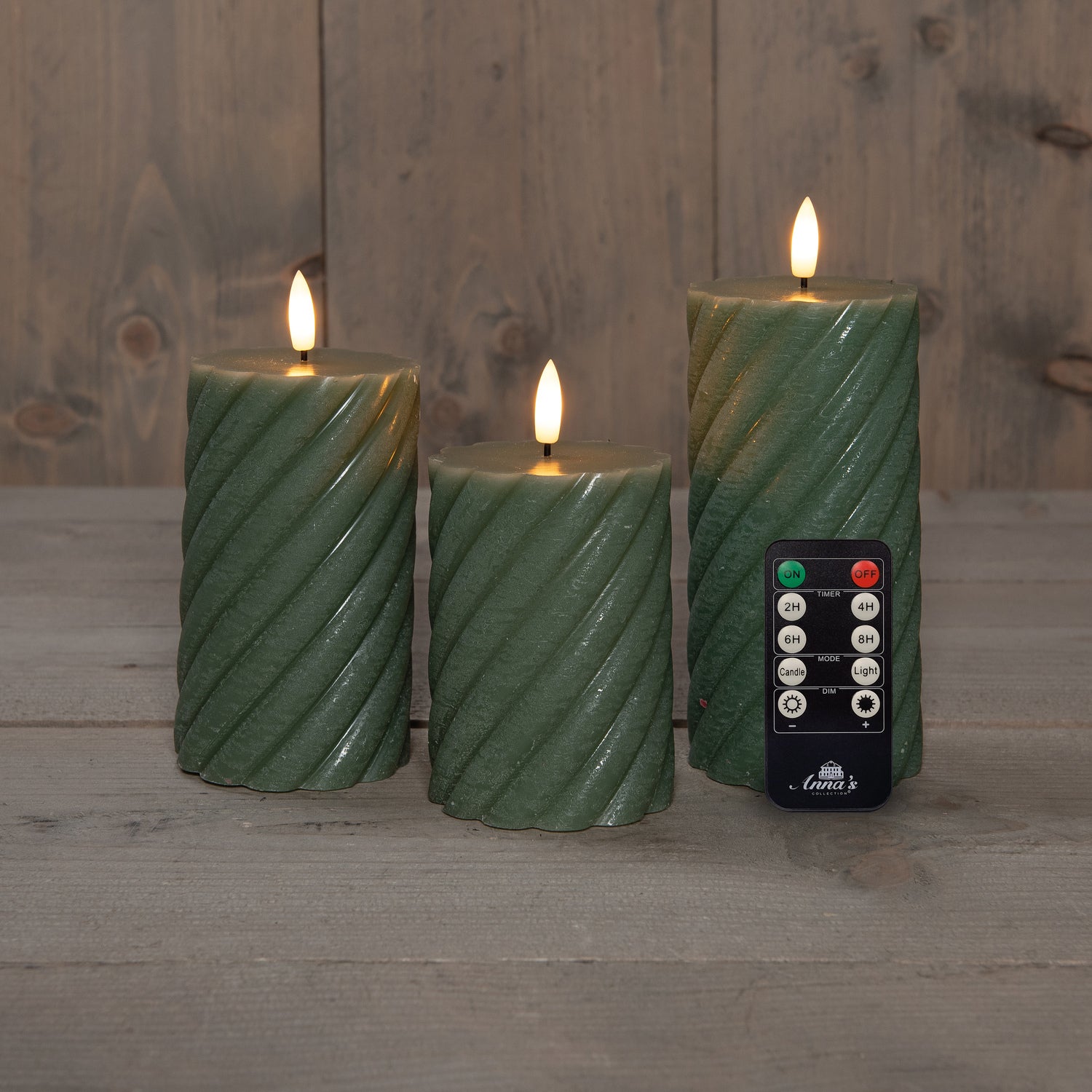 Anna's Collection LED stompkaars Swirl met timer groen D 7,5 H 10 / 12,5 / 15 cm 3 stuks