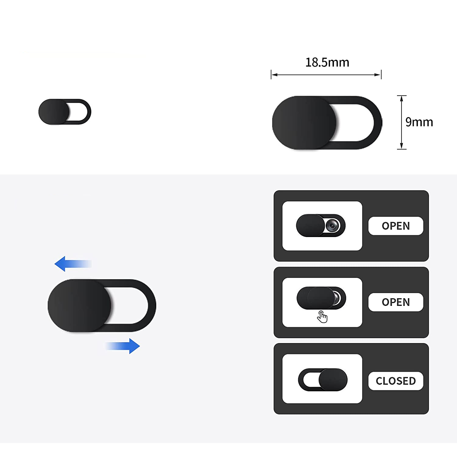 (6er Set) Privatsphären Kamera Abdeckung Webcam Cover Schutz Sticker mit Slider - Schwarz
