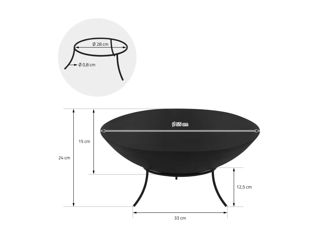 Bol à feu basero noir en acier avec 3 pieds foyer grille barbecue Ø 55 x 24 cm