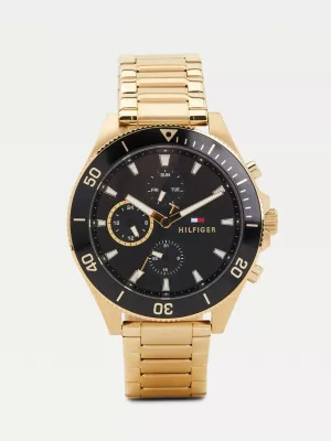 Relógio multifuncional banhado a ouro com pulseira de elos