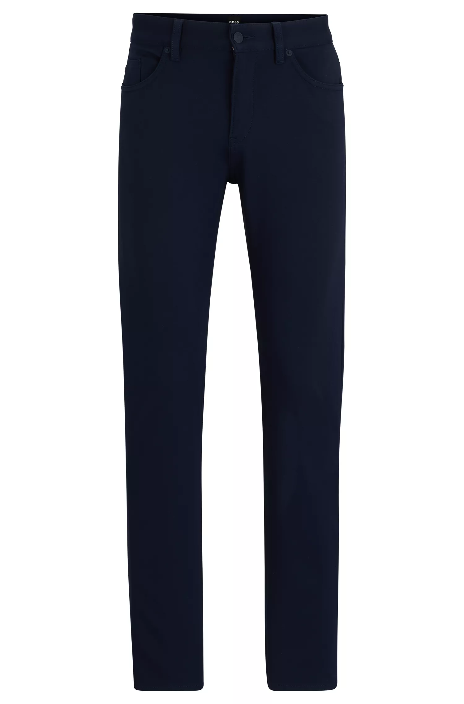 Calça jeans BOSS preta, corte slim, em malha elástica antirrugas.