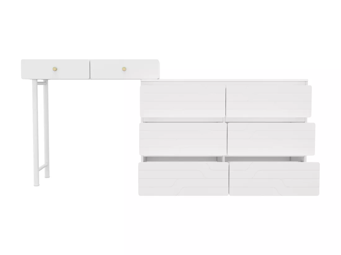 Coiffeuse extensible contemporaine scandinave avec 8 tiroirs - façades laquées - Blanc(sans miroir ni tabouret)