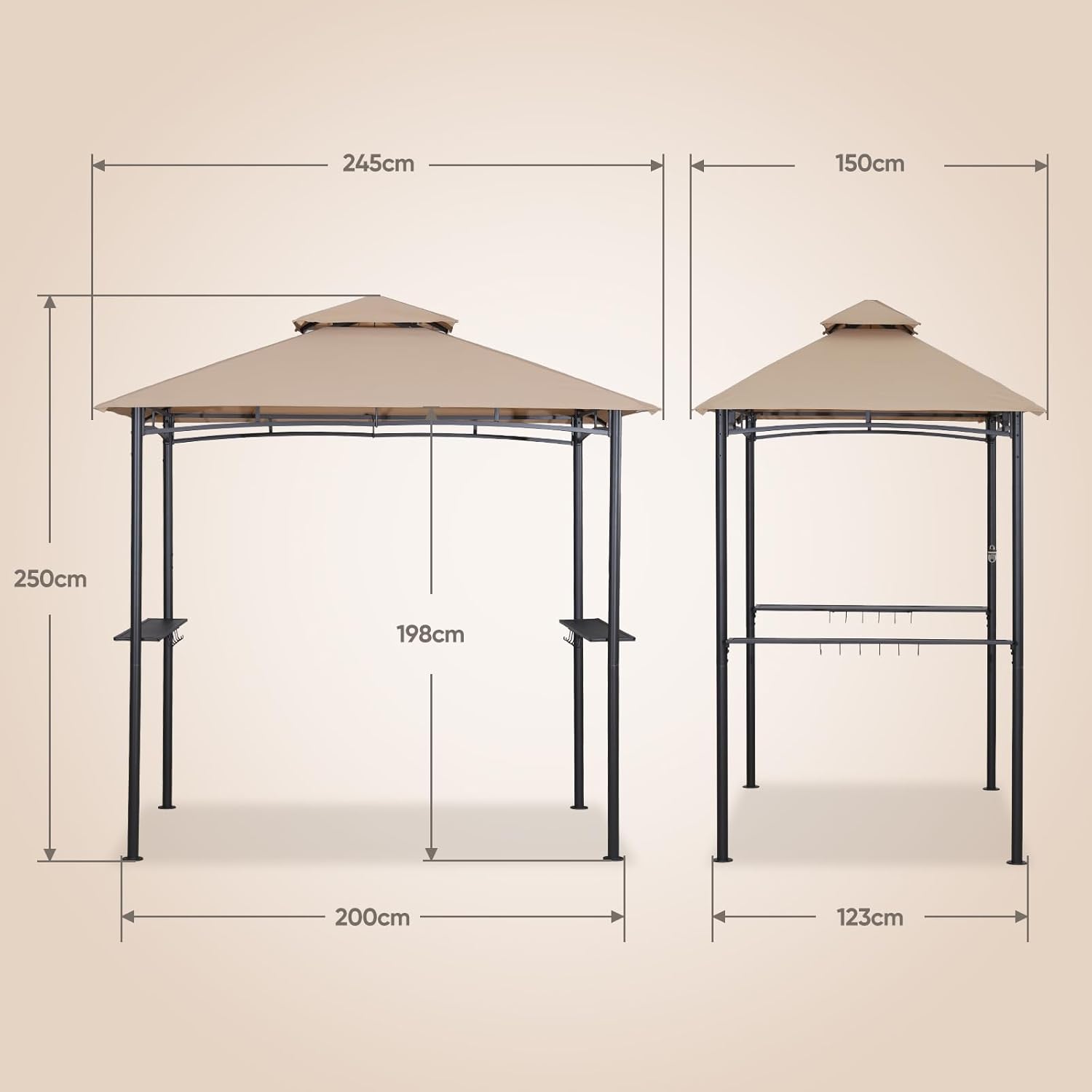 Sekey Grill Pavillon 2.45 x 1.50m, Wasserdicht Gartenlauben Gartenzelt Partyzelt für Garten/Partys/Picknick/BBQ´s, UV-Schutz 50+, Taupe