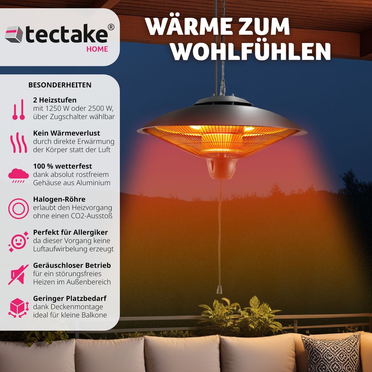 tectake Solaris Orbit infraroodstraler, 2 vermogensniveaus, 1250 en 2500 W, eenvoudige installatie, 58 x 58 x 32 cm