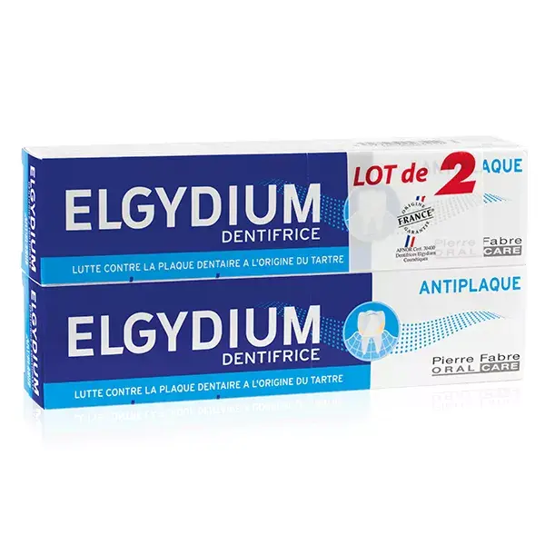 Pasta de dentes antiplaca Elgydium, embalagem com 2 unidades de 75ml