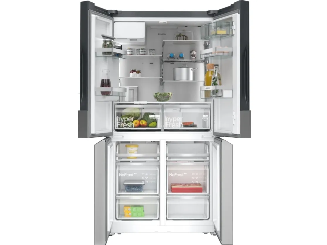 Siemens iQ500 KF96IAPEA - Køleskab/fryser - frans dør-bundfryser med isdispenser, vanddispenser - bredde: 90.5 cm - dybde: 73.1 cm - højde: 183 cm - 574 liter - Klasse E - børstet stål