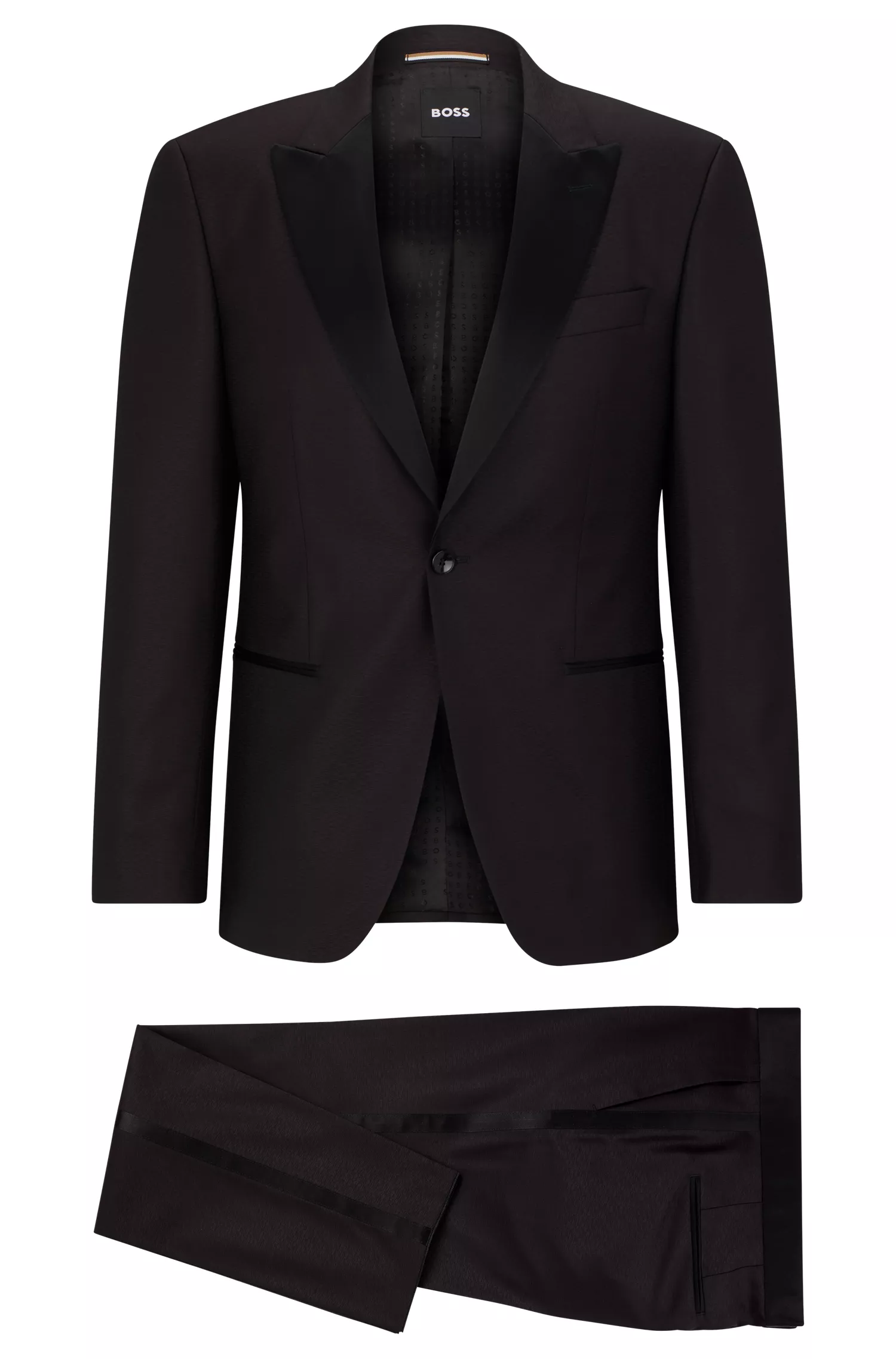 Terno BOSS preto slim-fit em lã elástica com microestampa.