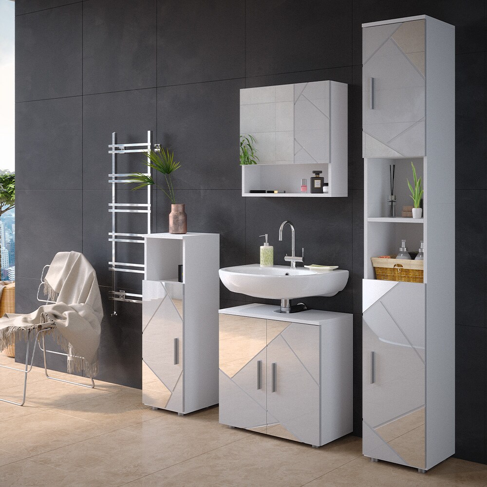 Vicco Badmöbelset mit Dekospiegeln Irma Weiß Hochglanz modern Badezimmerschrank Badschrank Badezimmermöbel Waschtischunterschrank Spiegelschrank Hochschrank Kommode Schranktür Schrankschublade