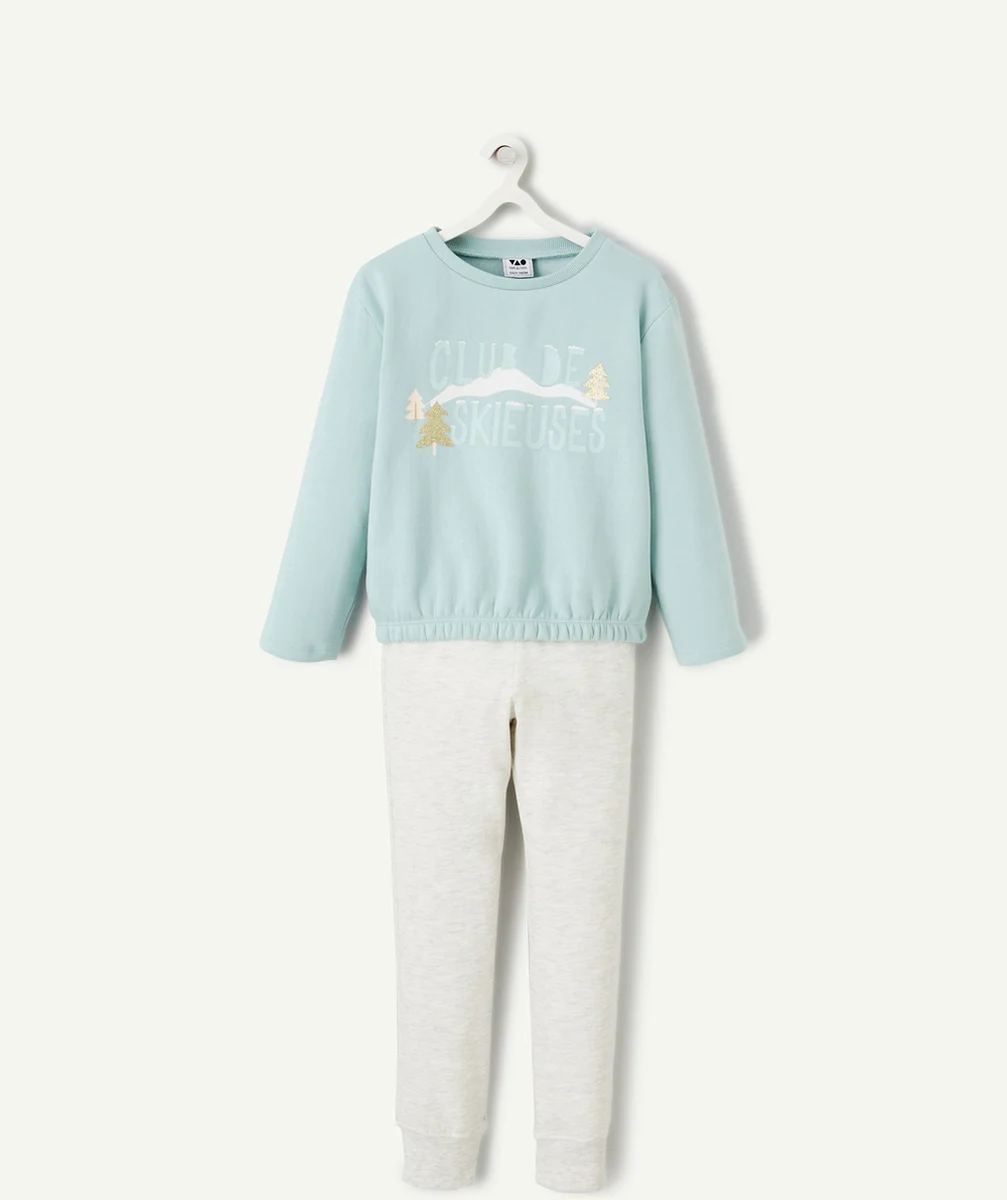 PYJAMA FILLE EN COTON BIOLOGIQUE BLEU ET GRIS AVEC MESSAGE THÈME SKI