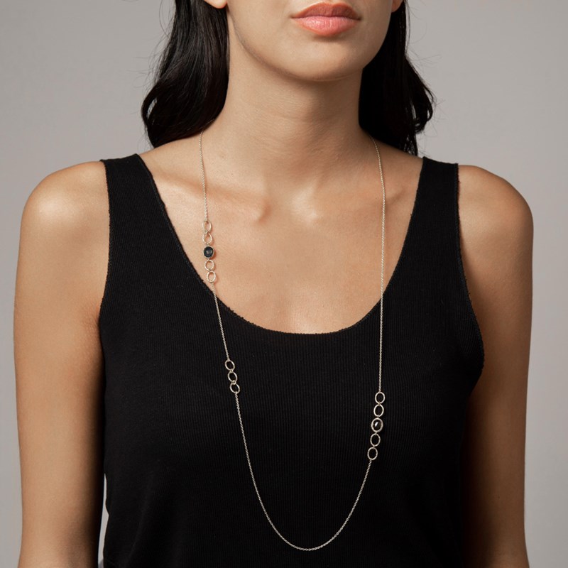 Collier Sautoir Argent Pierres Spinelle Noire