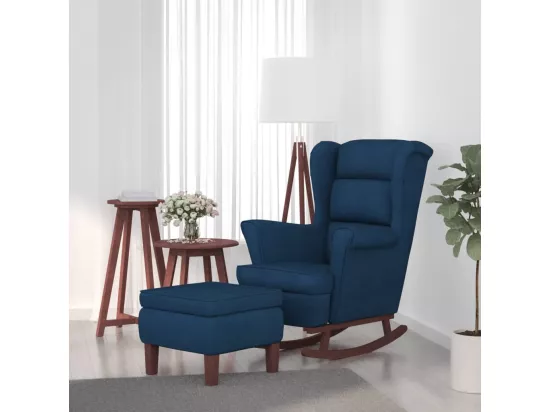 Chaise à bascule avec pieds en bois et tabouret Bleu Velours