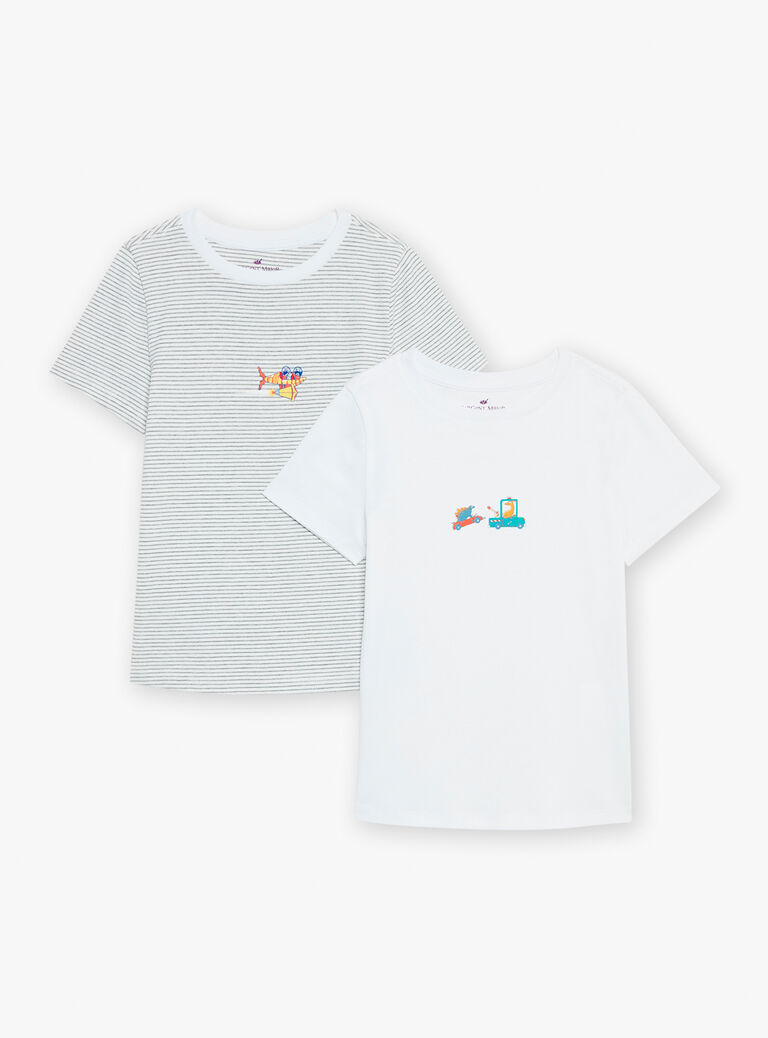 2 T-shirts écrus à imprimé à rayures et motifs vaisseau spatial et voitures