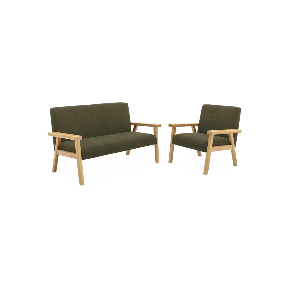 Banquette canapé enfant en bois et velours côtelé kaki. Isak. L 84 x p 43.5 x h 50cm