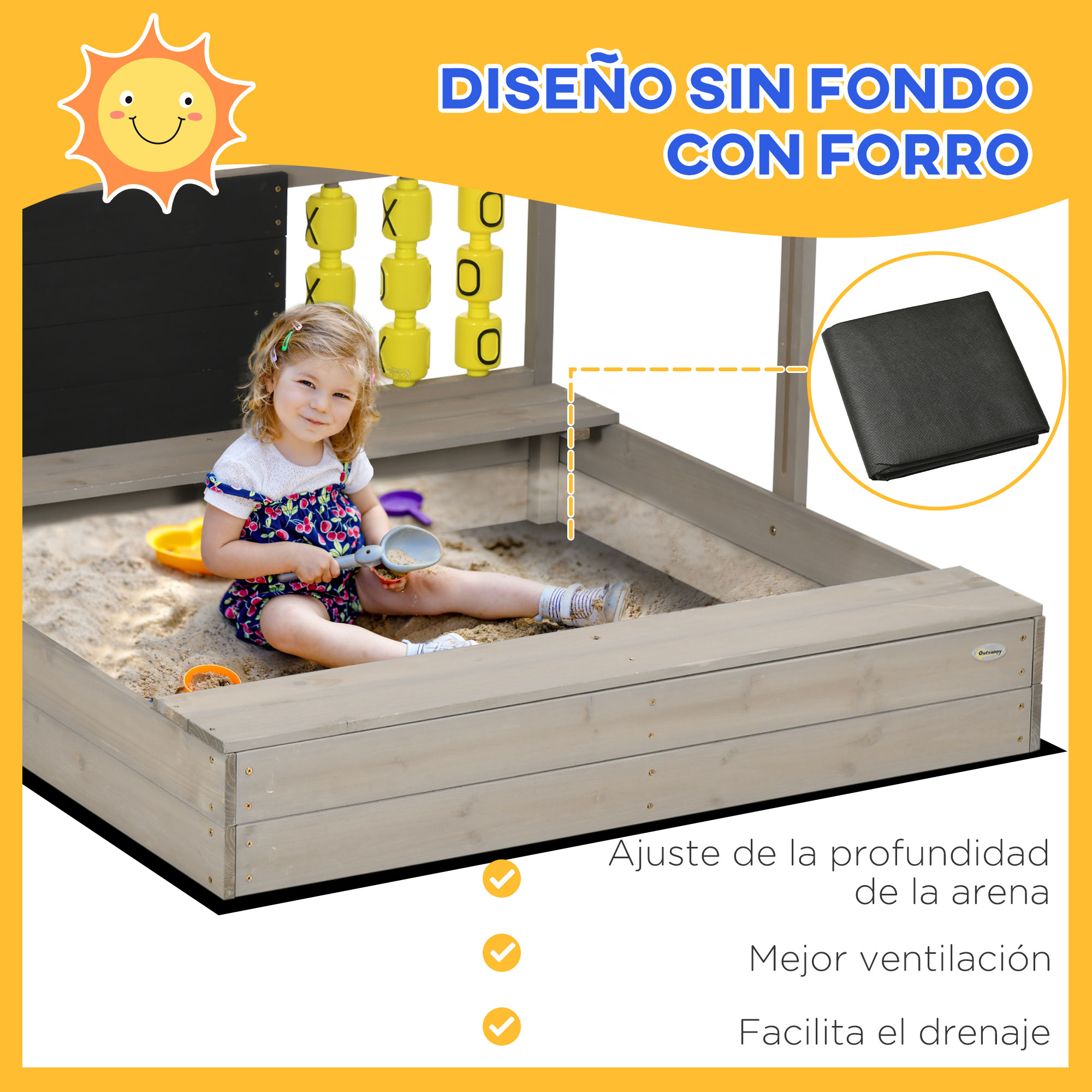 Caixa de areia de madeira Outsunny para crianças de 3 a 7 anos, com cobertura ajustável em tecido não tecido, banco de 2 lugares, quadro-negro e brinquedos para jardim ou pátio, 114 x 113 x 110 cm, cinza.