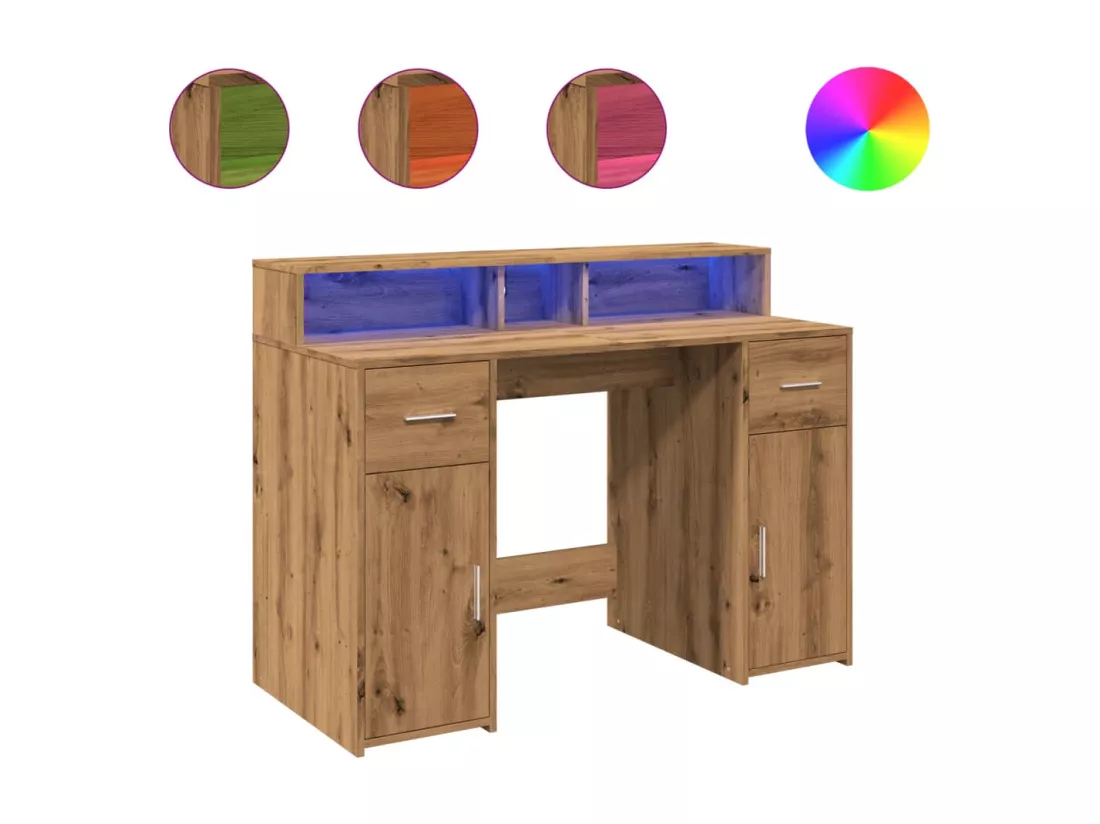 Bureau avec lumières LED chêne artisanal bois d'ingénierie