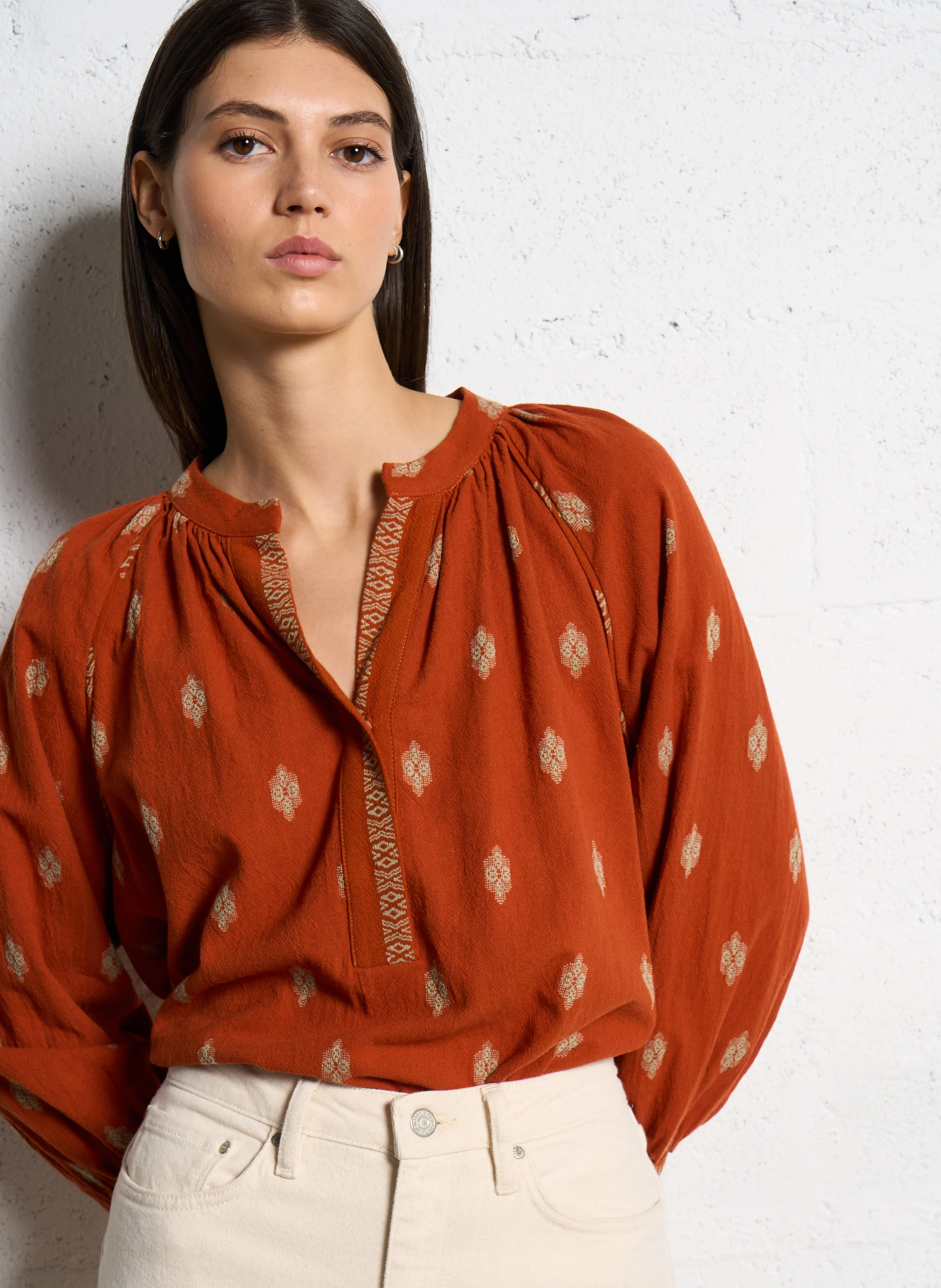 Blouse droite brodée en coton | Orange