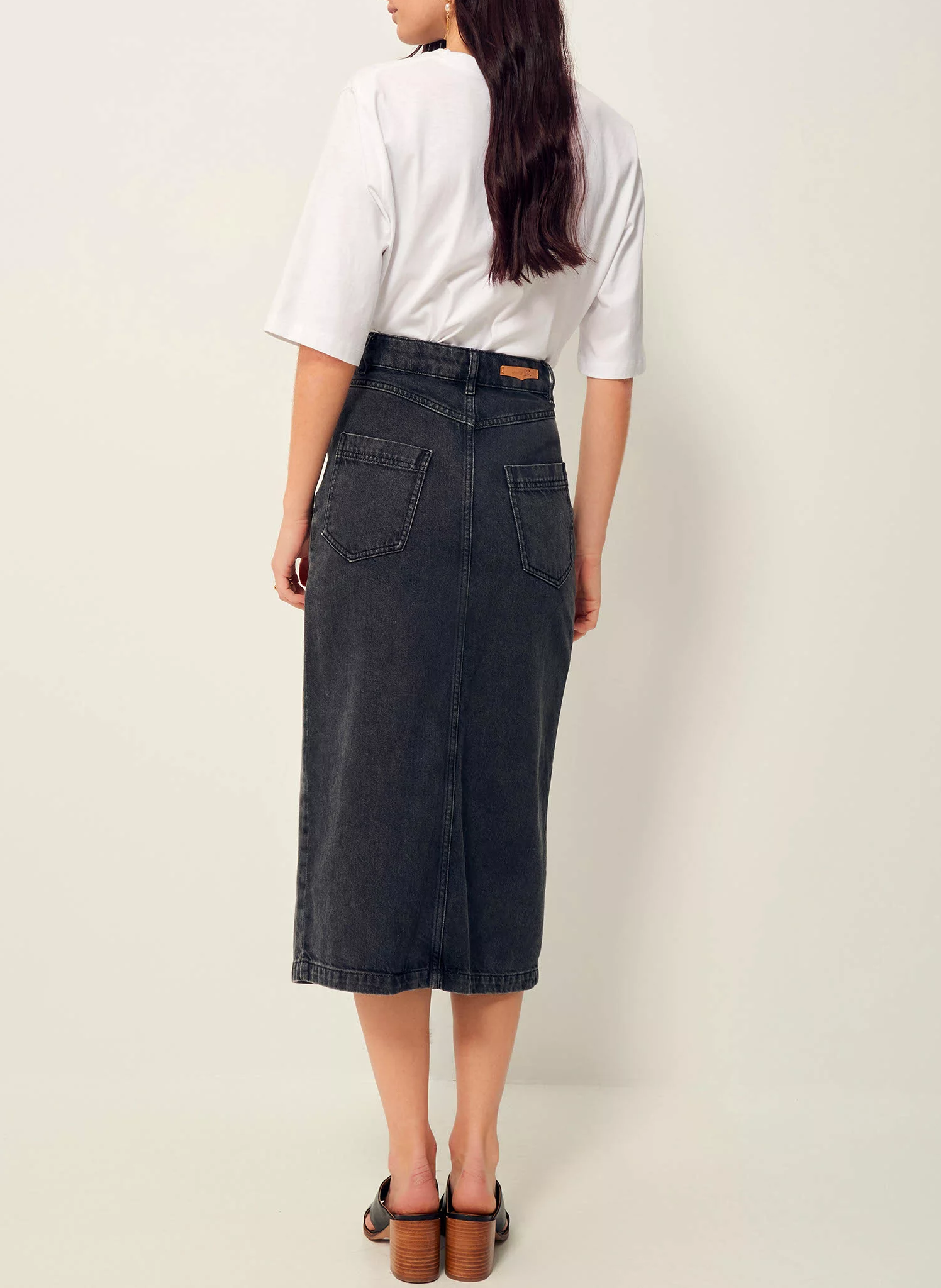AMADEO - Jupe mi-longue taille haute en jean | Gris