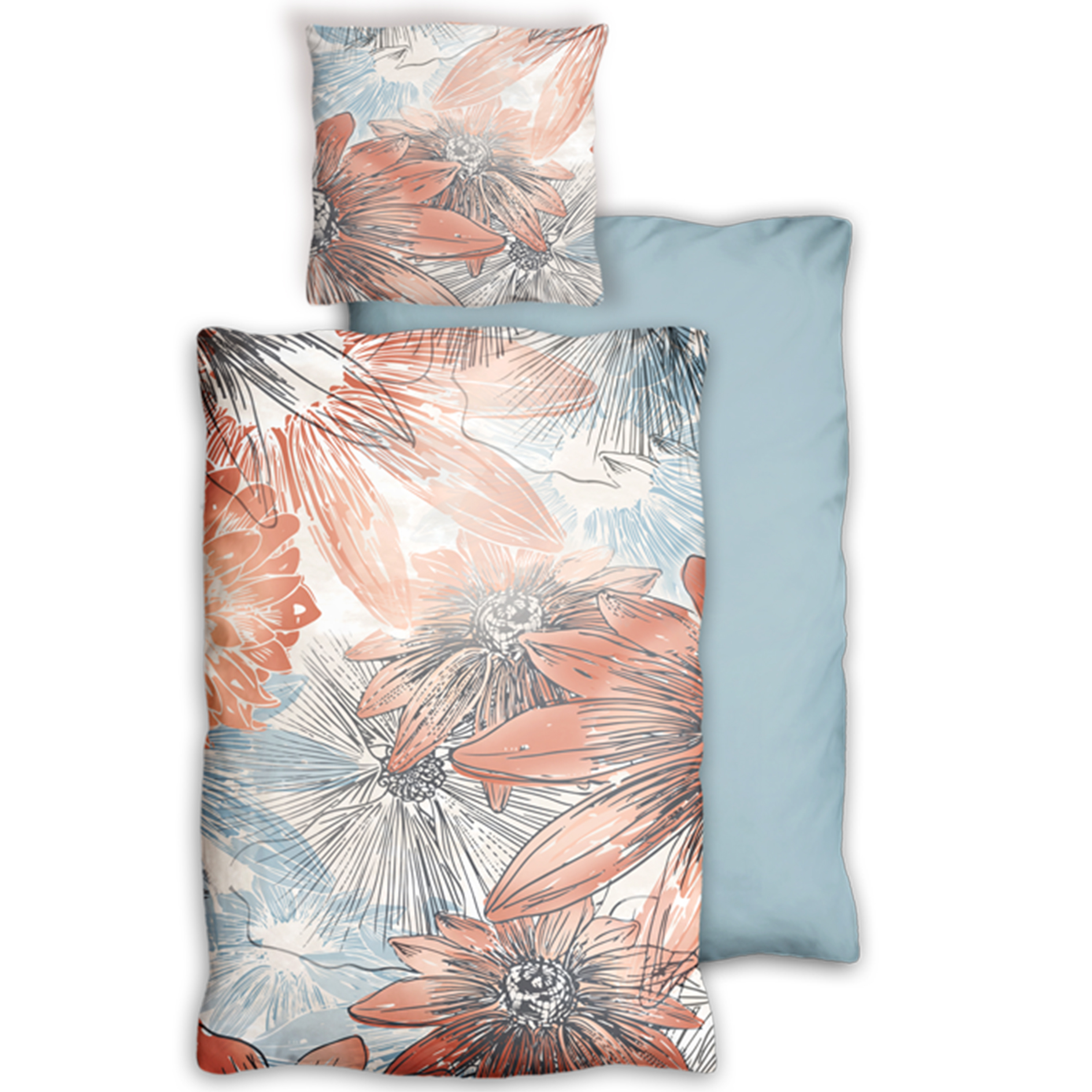Satin-Bettwäsche - braun-blau - floral - 135x200 cm