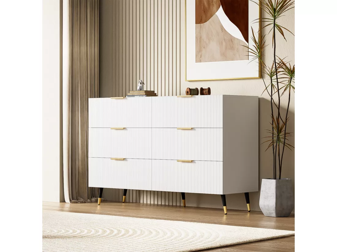 Buffet, commode avec 6 tiroirs - 120 x 40 x 77 cm - Panneaux de particules - Poignées et pièds dorés - Blanc
